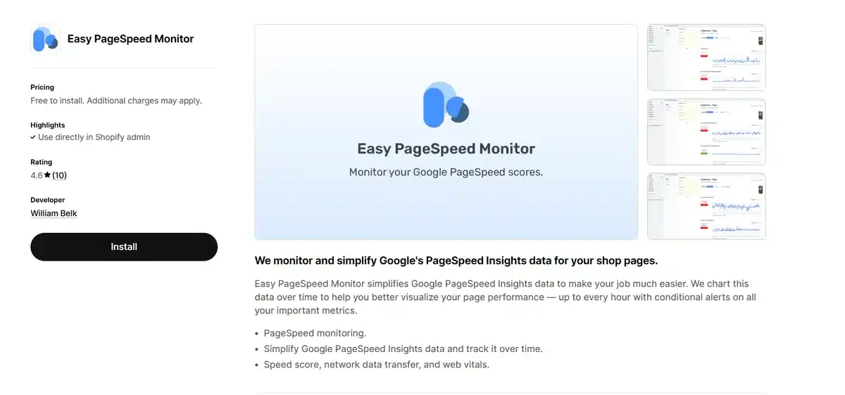 Pagespeed monitor's shopify plugin page