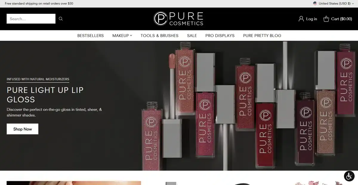 Pure Cosmetics' business website showing their latest lip gloss