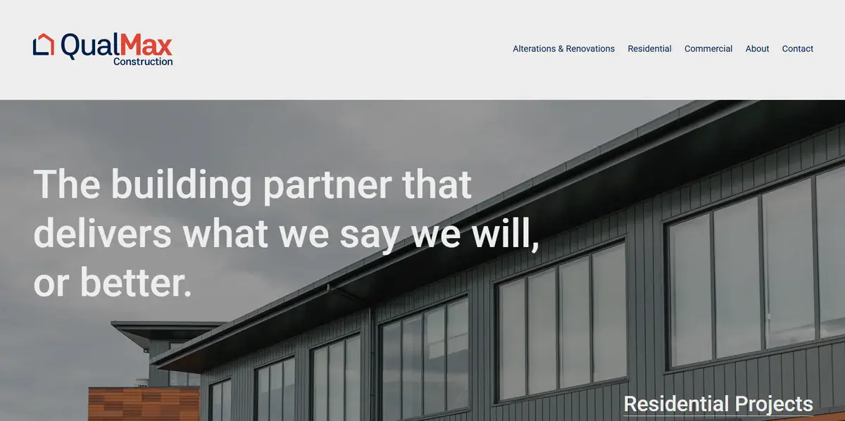 QualMax Construction website showing their most recent residential project