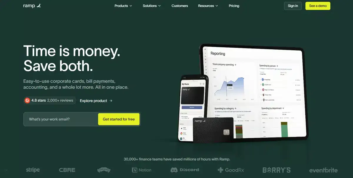 Ramp business website showing their product