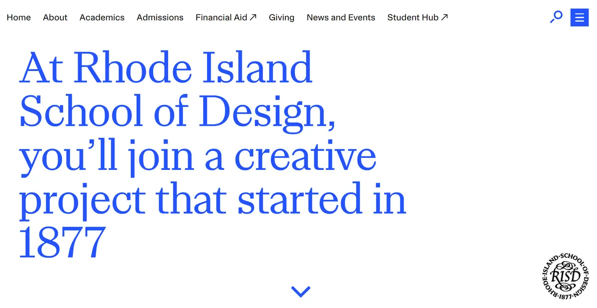 Rhode Island School of Design's website with a bright blue text on a white background
