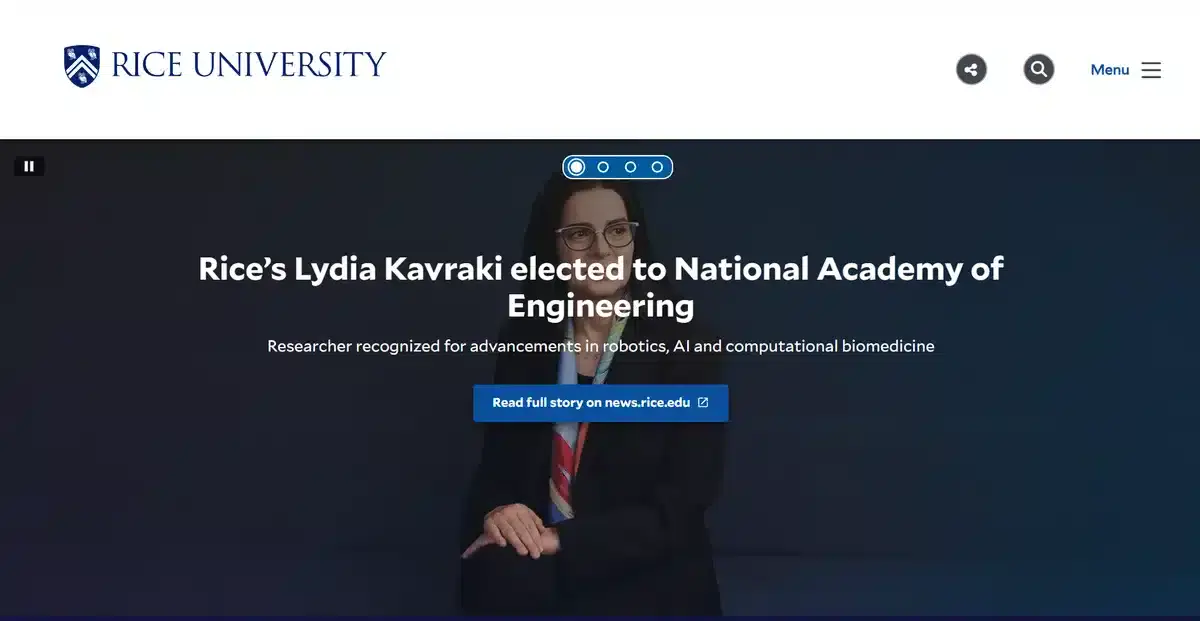 Rice University's website showing their latest story as their center piece of their homepage
