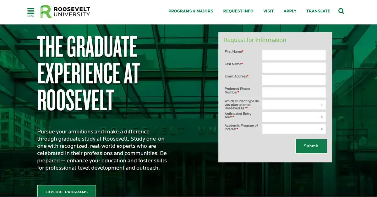 Roosevelt University's website showing a detailed request for information form