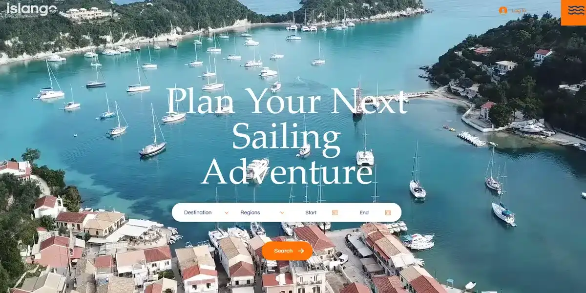 Islango's website showing a birds-eye view of a coast in Europe with multiples yachts