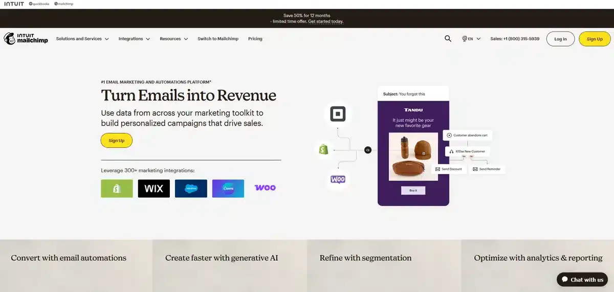 Mailchimp's main page showcasing their email marketing product