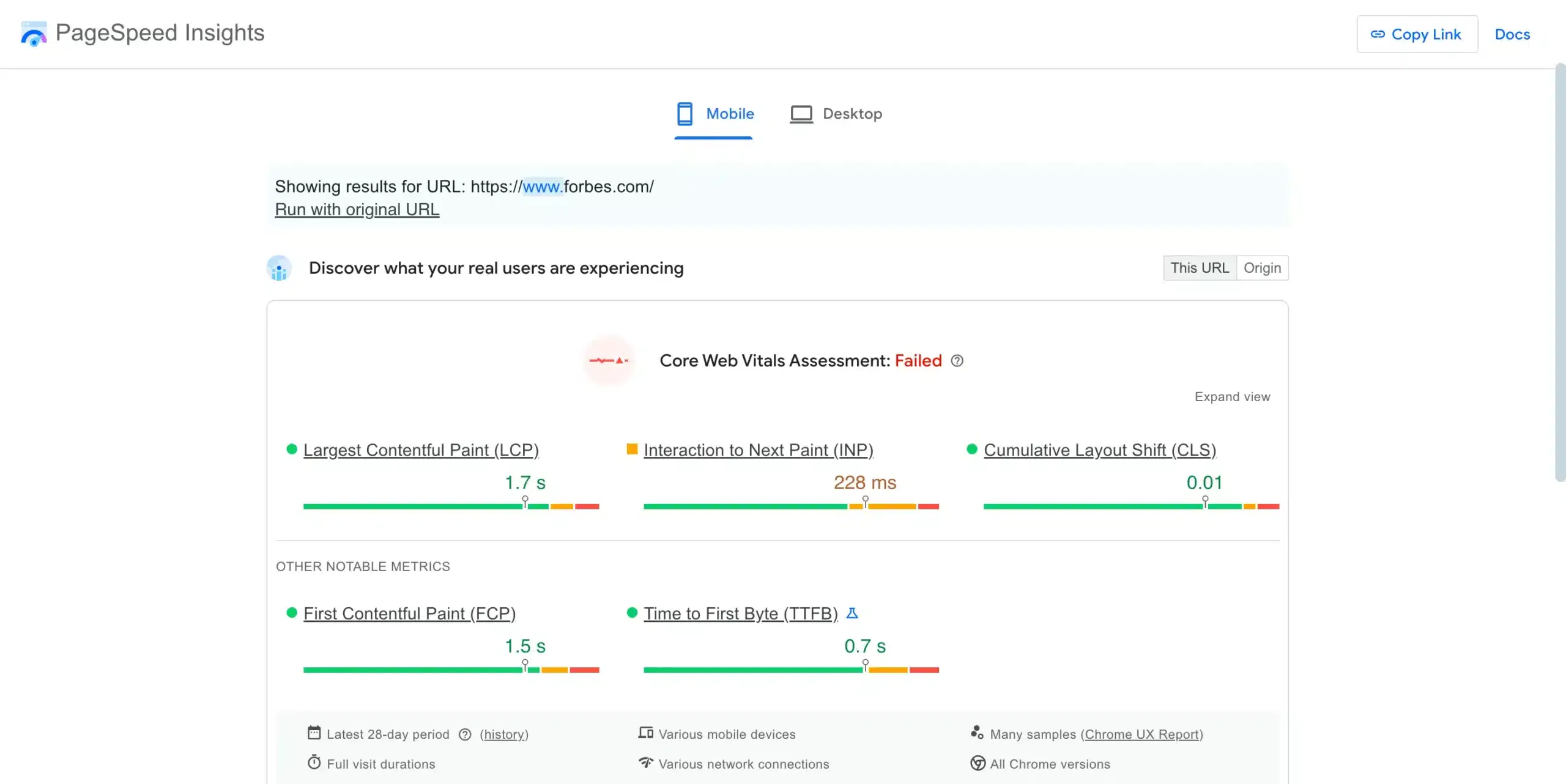 Screenshot from Pagespeedinsights tool