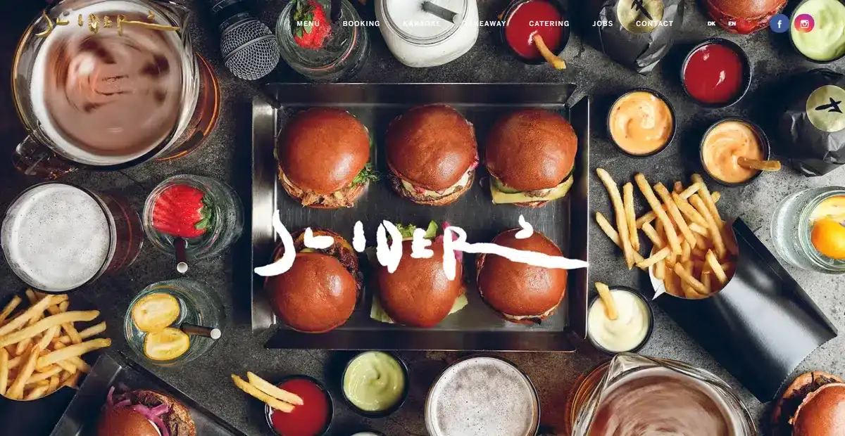 Slider's business website showing a table full of their menu offerings