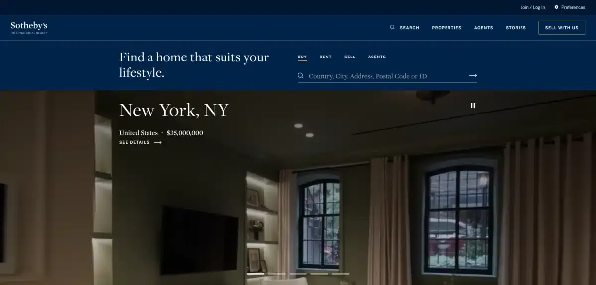 Sothebys business website showing their latest house on sale