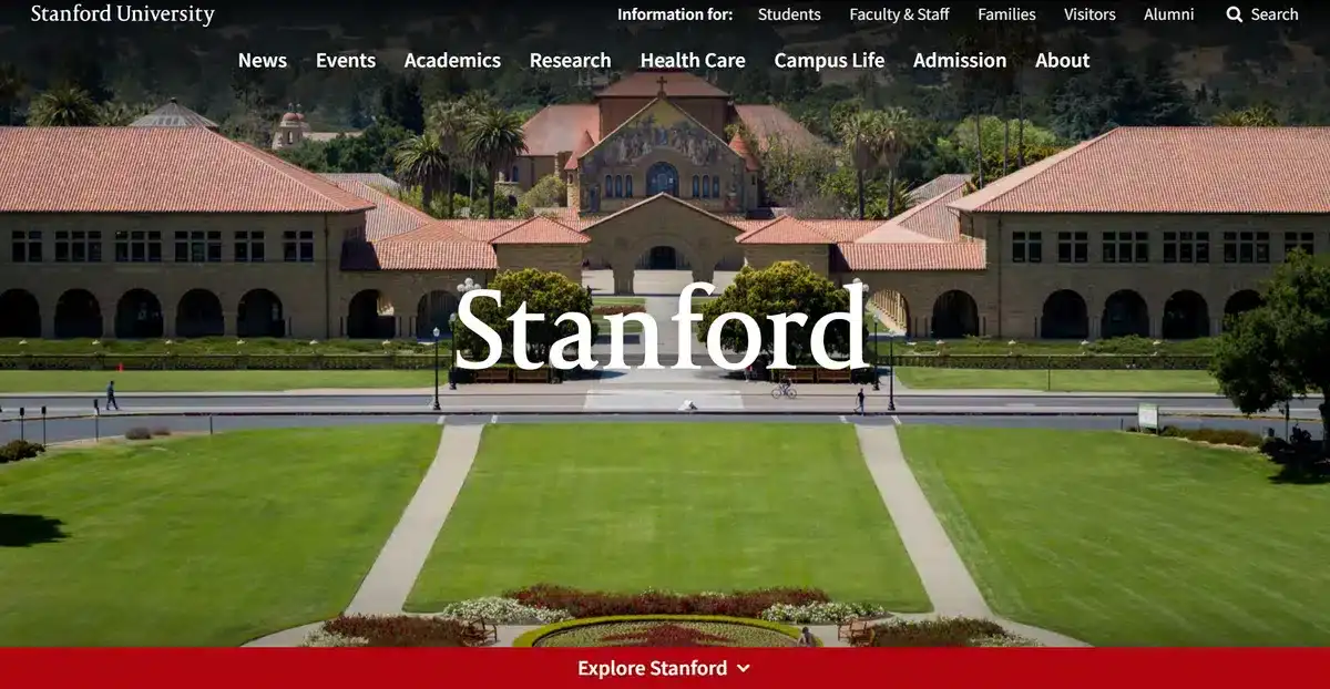 Stanford University's website showing their facilities and main entrance