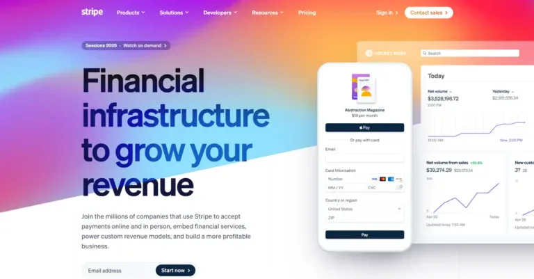 Stripe B2B website showing their SaaS and how it can help you financially