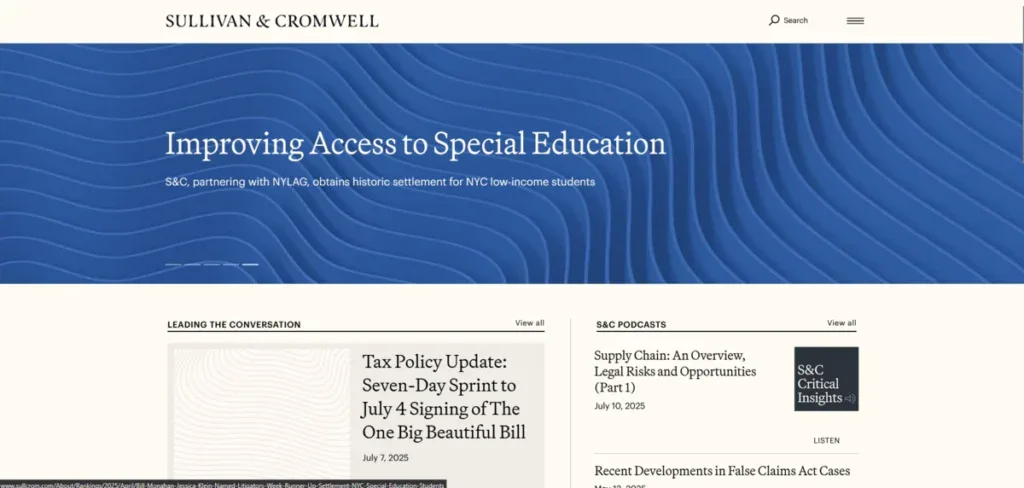 Sullivan and Cromwell website showing their latest cases and news