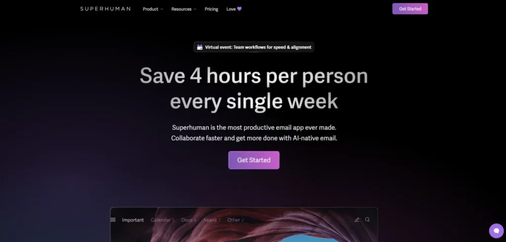 Superhuman homepage prompting visitors to click on their CTA