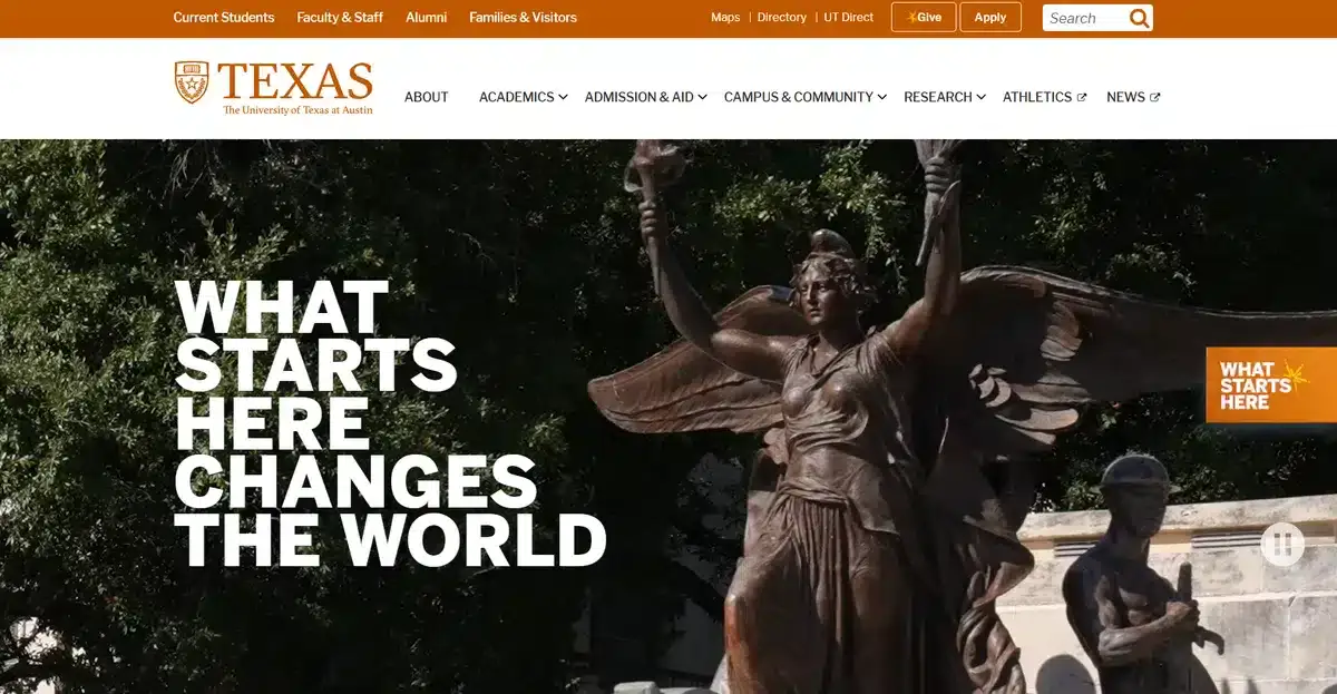 The University of Texas at Austin's website showing an angel statue from their campus