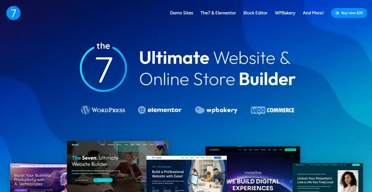 The7's business website explaining all of the features that come with their WordPress theme