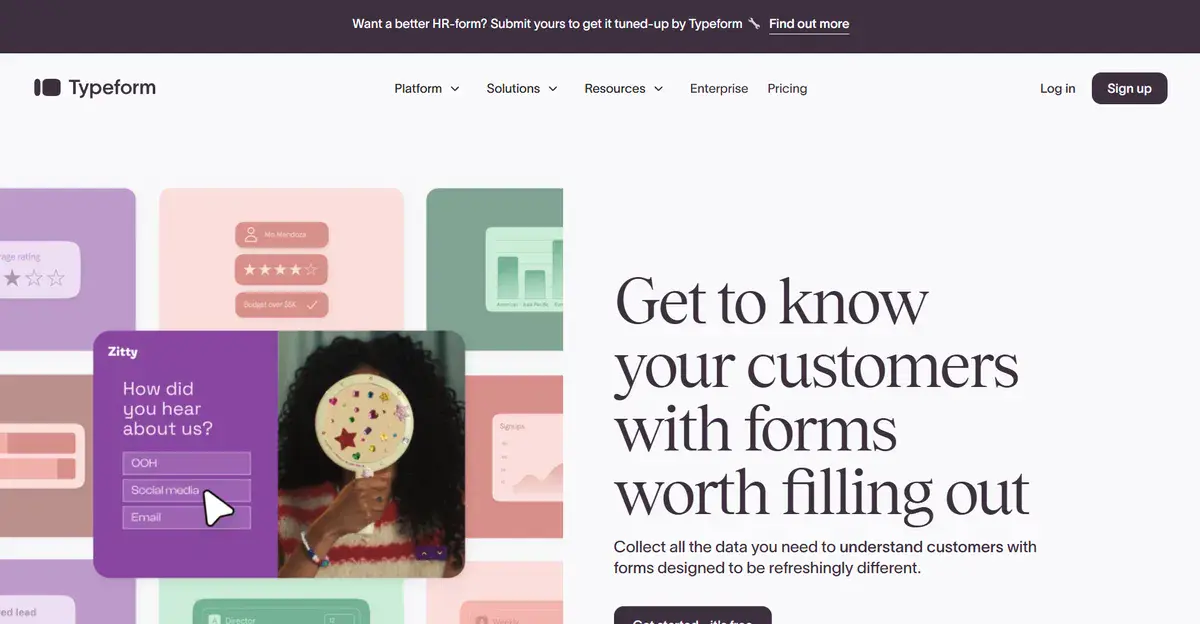 Typeform B2B website showing their forms and what they can do for your business