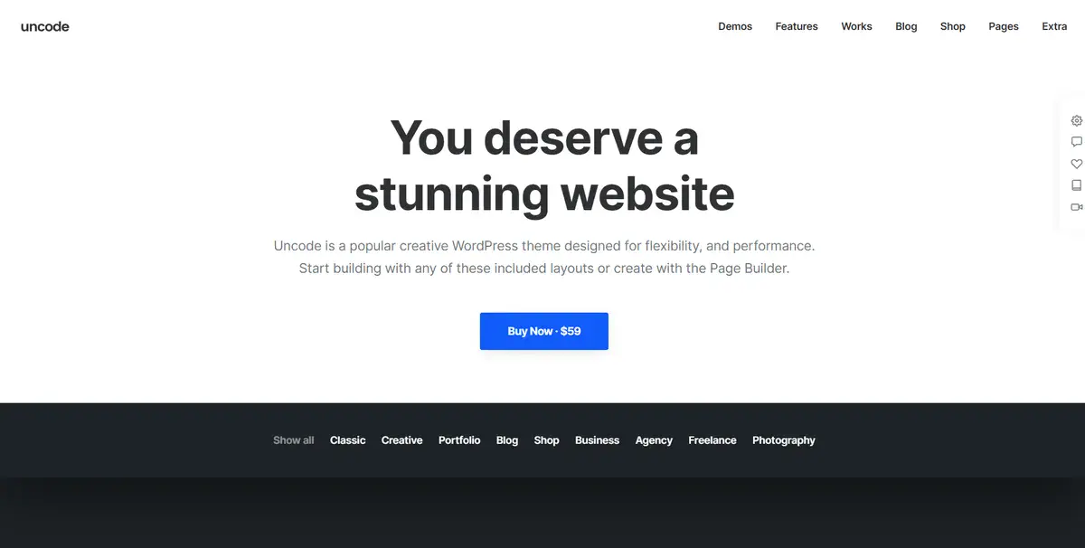 Uncode's business website with a simple call to action and a brief explanation of their WordPress design