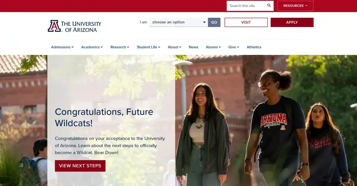 University of Arizona's website showing its campus life