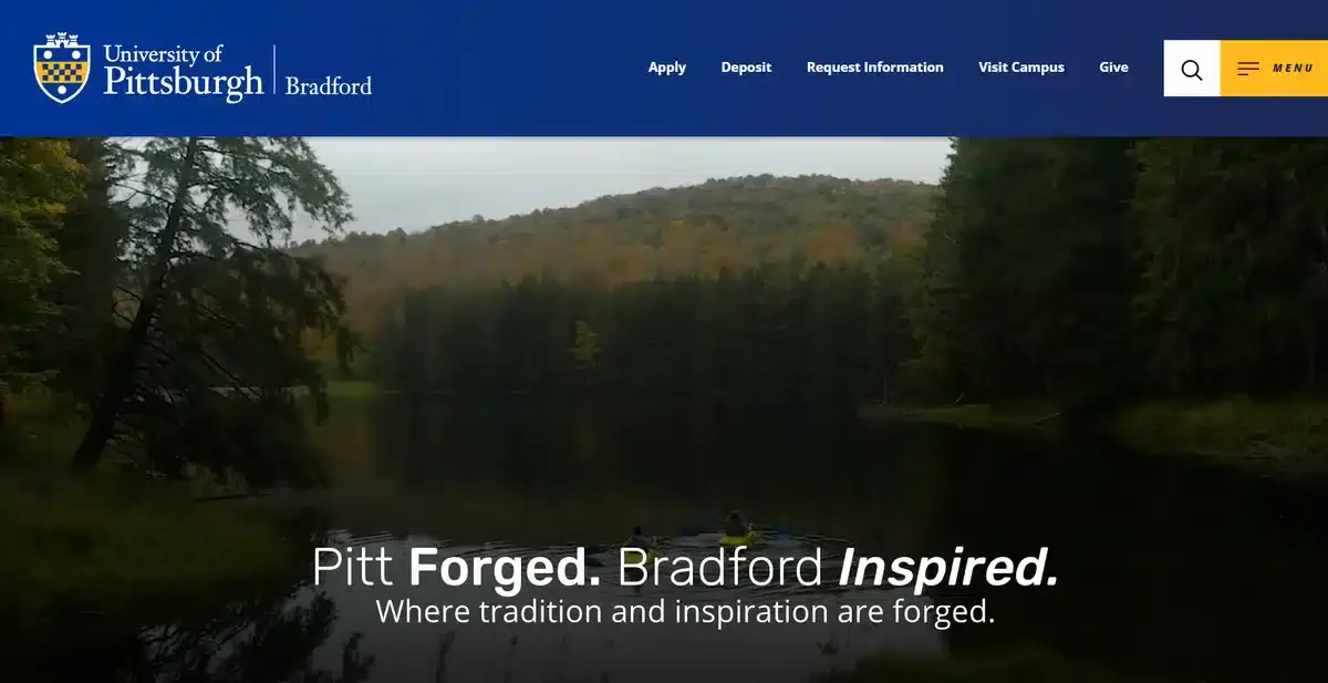 University of Pittsburgh at Bradford's website showing a hero image of two people in a canoe