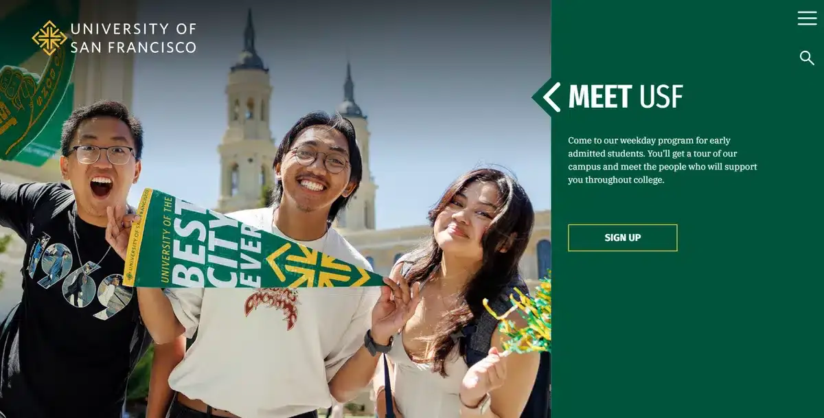 University of San Francisco's website showing 3 students celebrating and posing