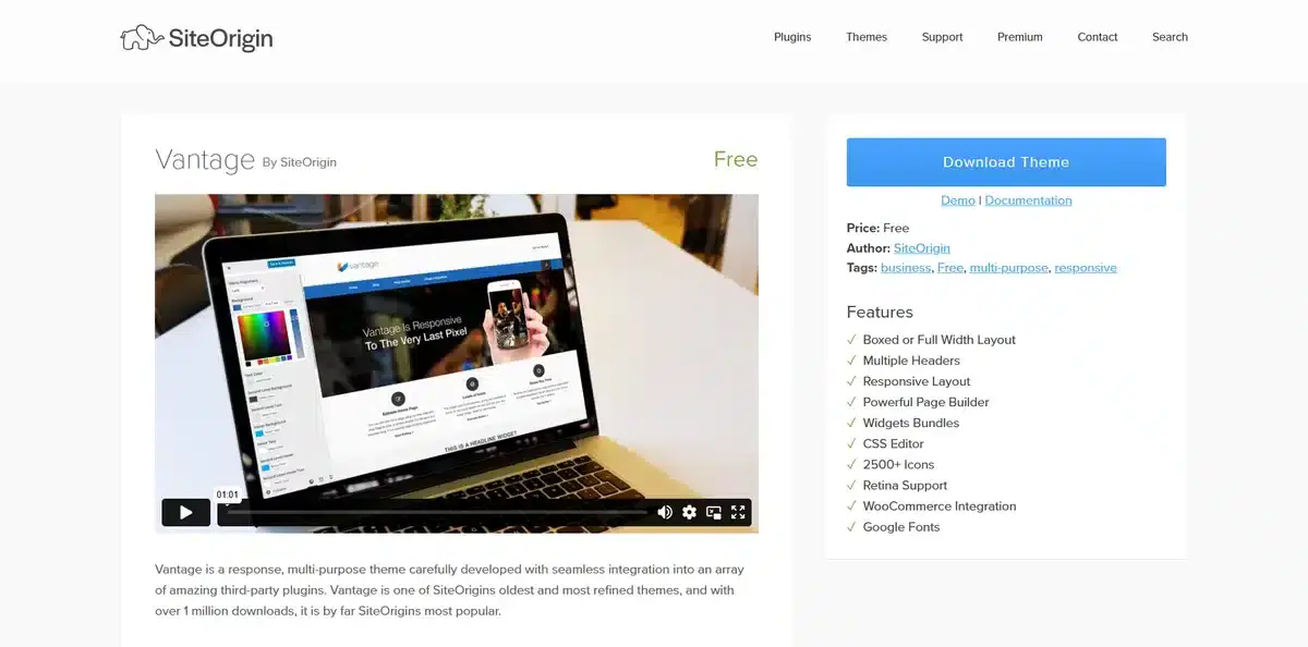 Vantage's business website showing all of the features it provides with its WordPress theme