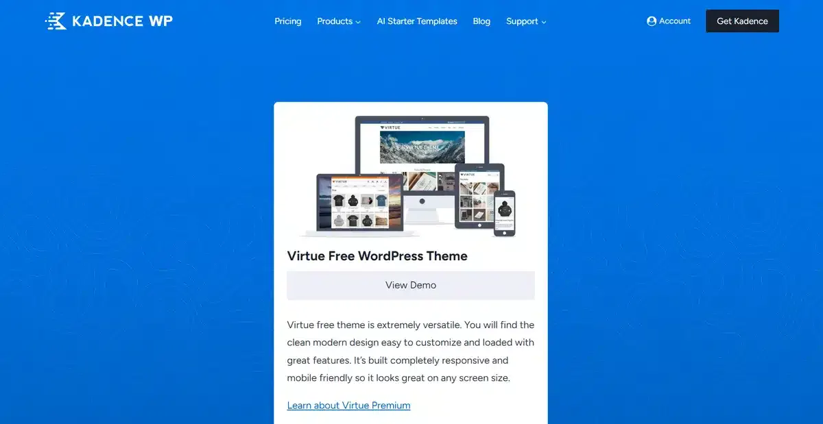 Virtue's business website explaining what the WordPress theme is about and providing a demo link