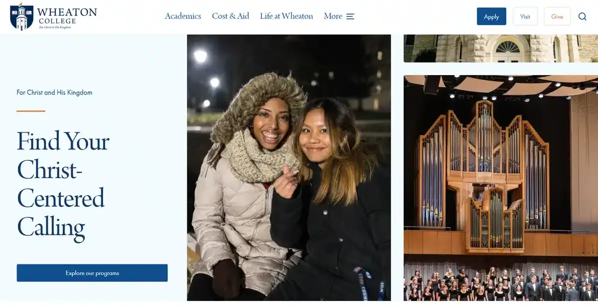 Wheaton College's website showing a picture of two students posing togehter and a choir