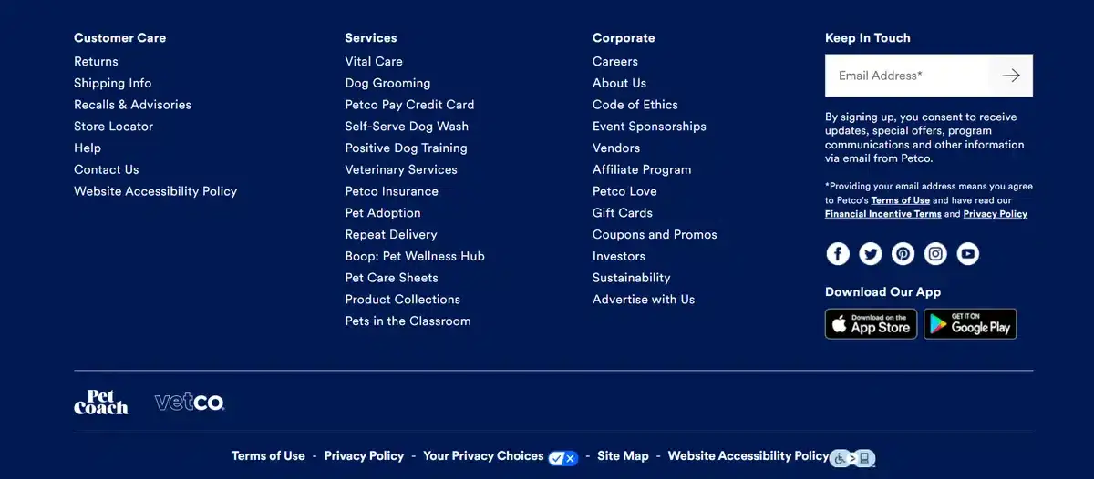 petco website footer examples