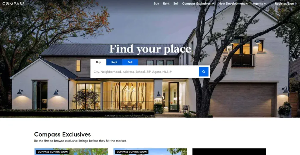 Compass business website showing their latest properties