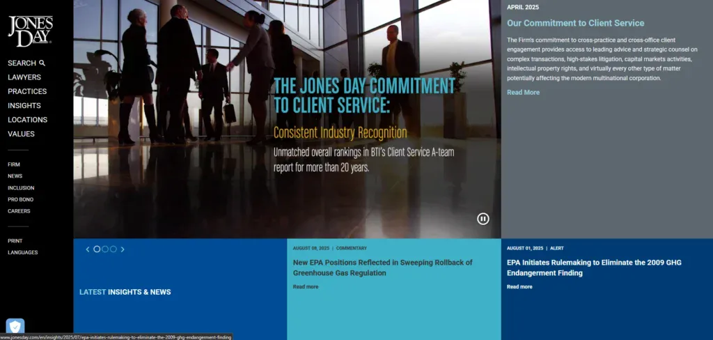 Jones Day business website showing their latest blog posts and analysis