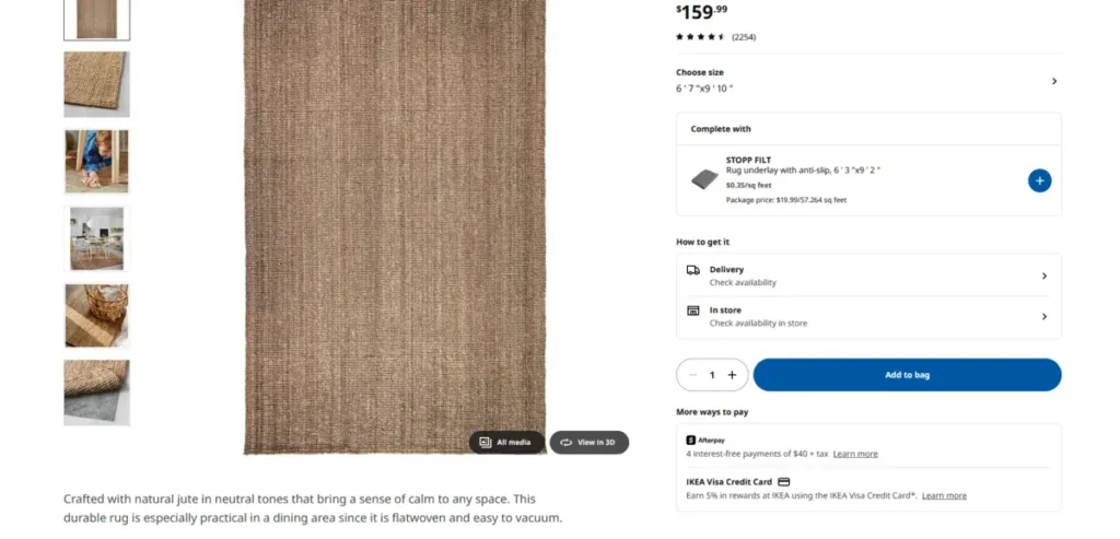 Ikea product page with a short description of the product and specific size 