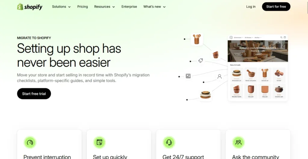 Shopify migration page showing how changing to their ecommerce solution is better