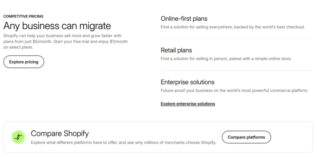Shopify website showing their pricing in tiers