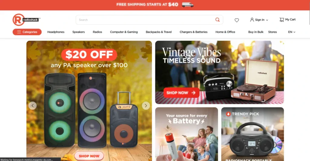 RadioShack Business Page showing their trending products
