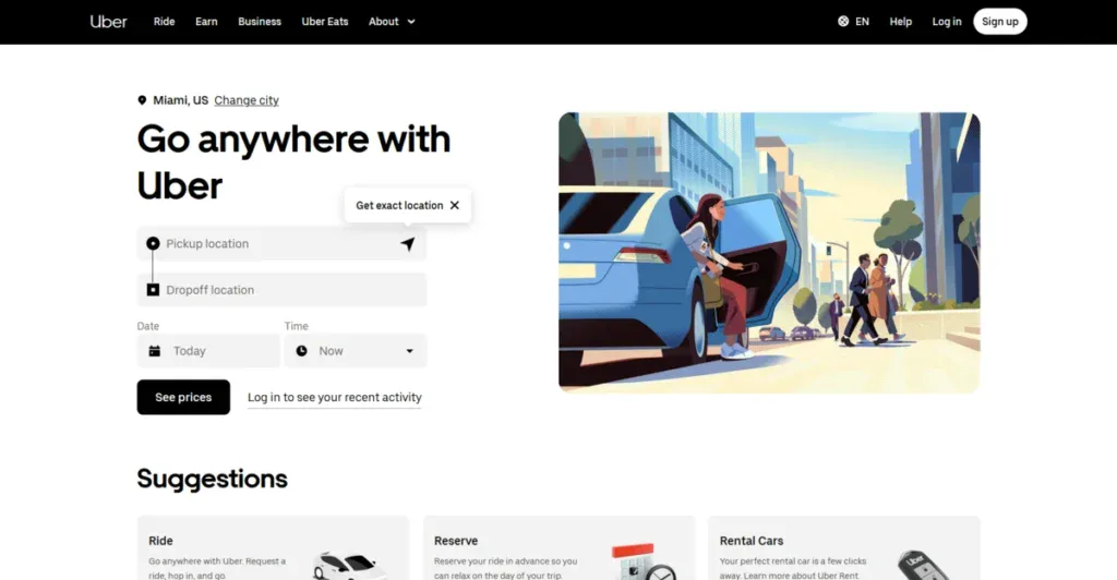 Uber Business Page showing their services