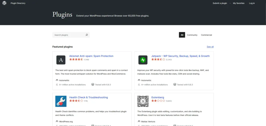 WordPress Plugins Page showing the most popular plugins right now