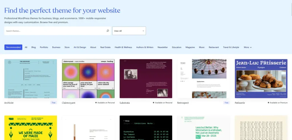 WordPress Themes page showing different theme options