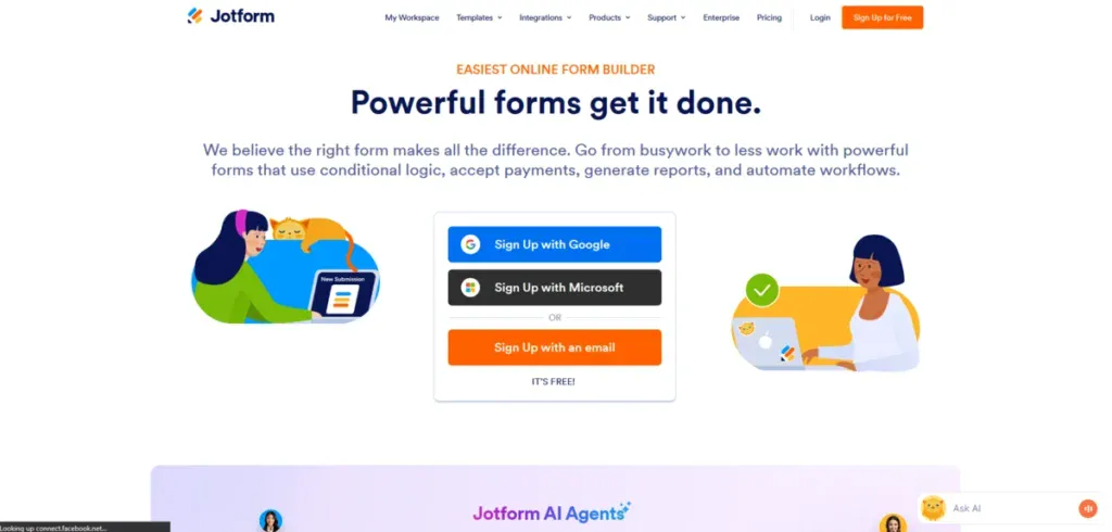 JotForm business page showing what their service can do