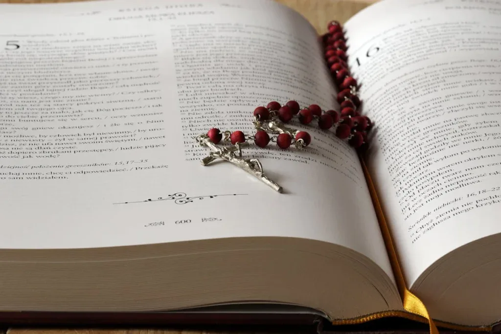 Rosary on top of Bible