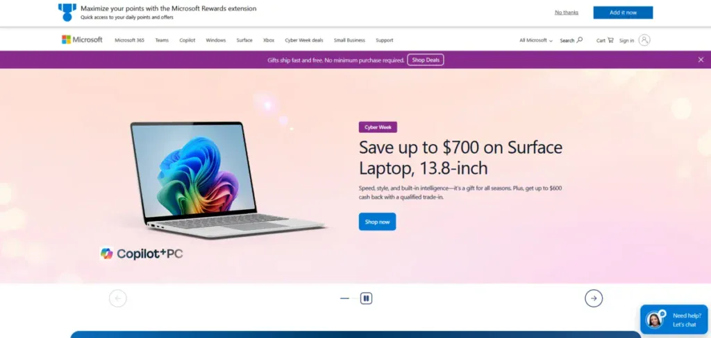 Microsoft business page showing their latest AI products