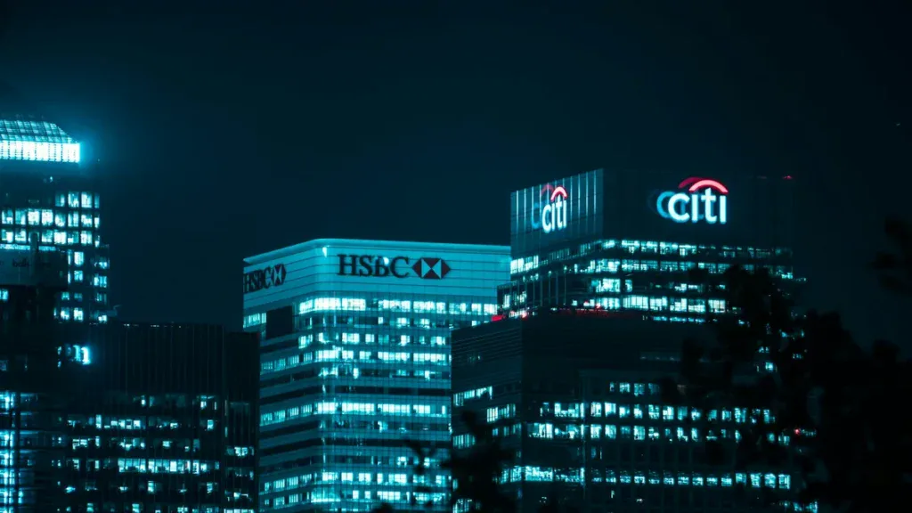 Popular bank buildings at night