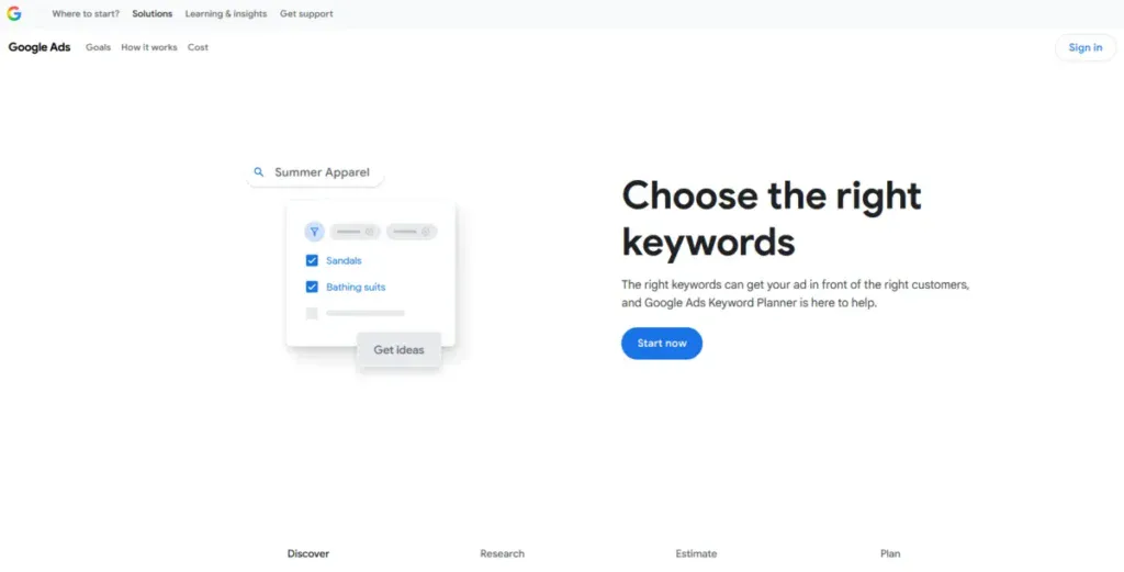 Google Keyword Planner website showing what they offer