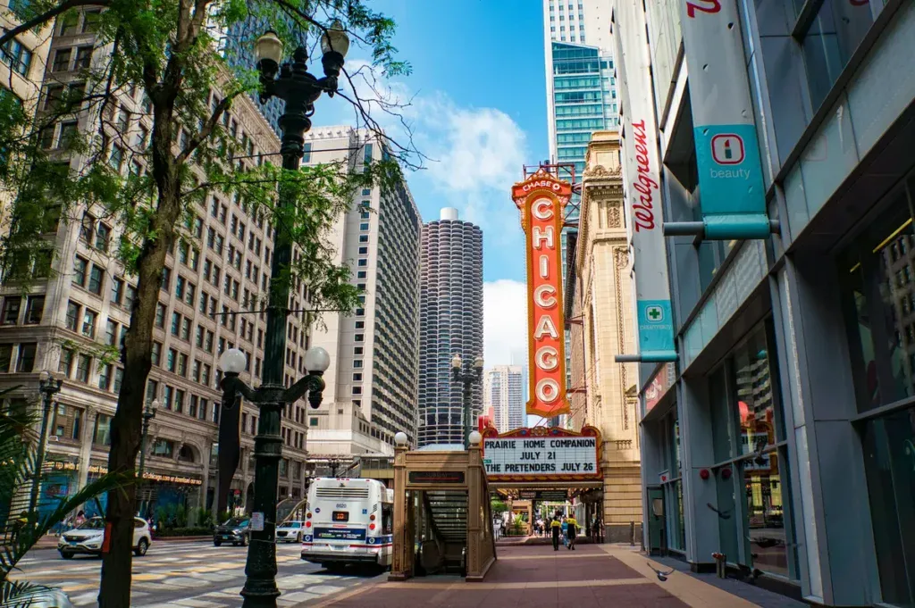 Chicago streets with big vertical sign