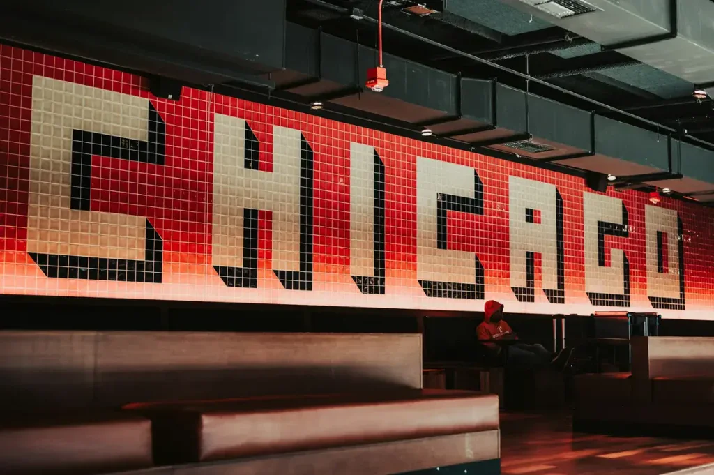 Large red sign with Chicago written