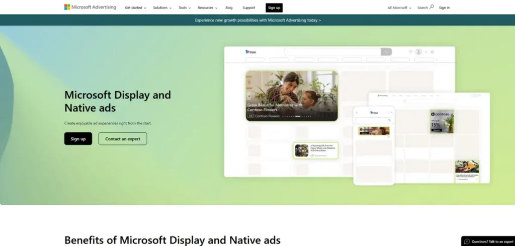 Microsoft Advertising website showing what they offer