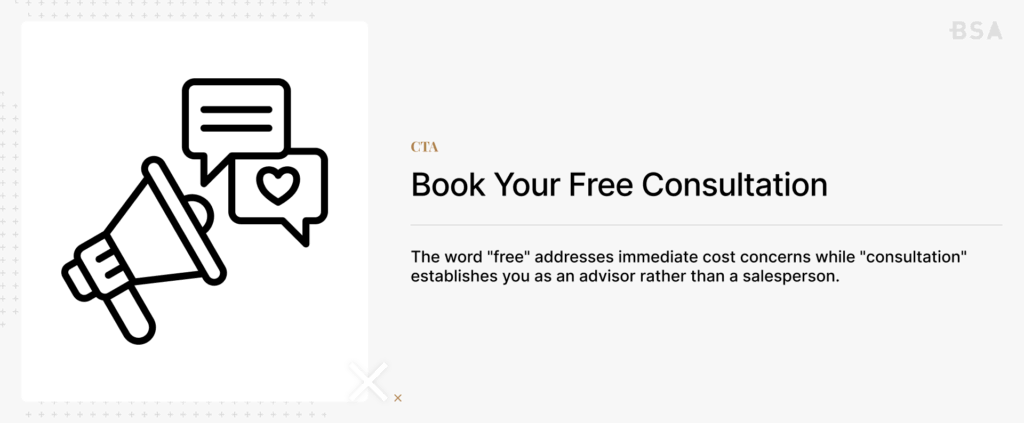CTA on Free Consultations with a white background and a monochrome design to the left