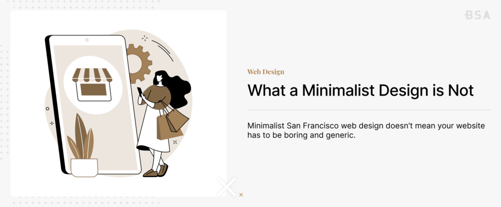 Card on what a minimalist website is not with a custom illustration on the left side
