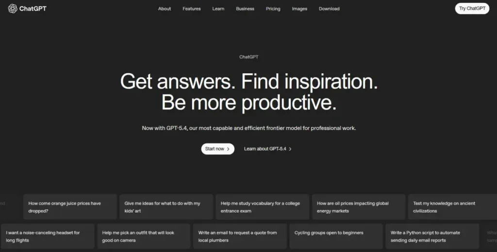 ChatGPT business page showcasing what they offer