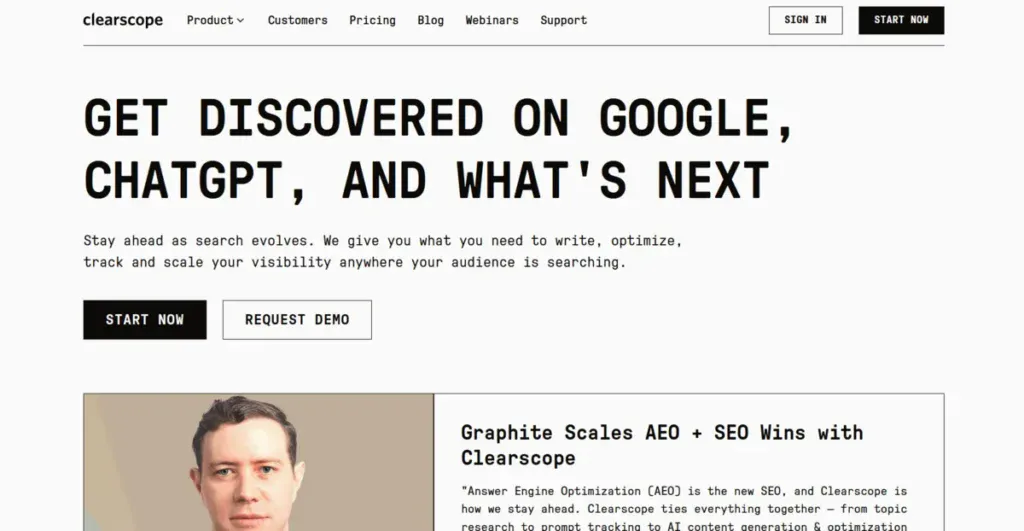 Clearscope business page showcasing what the service offers