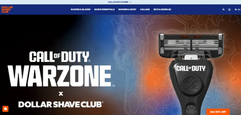 Dollar Shave Club business website showing their new collaboration