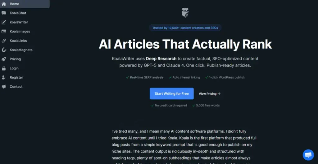 Koala AI business page showing the latest features on their product